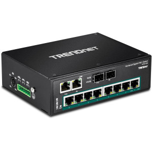 TRENDnet TI-PG102 10-Port Ethernet Switch, 8 Gigabit PoE+ ports, 2 shared Gigabit SFP slots, 20 Gbps switching capacity, DIN-rail/wall mount